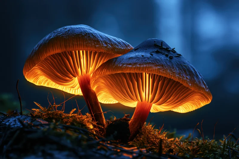 Two glowing mushrooms growing from mossy forest floor at night
