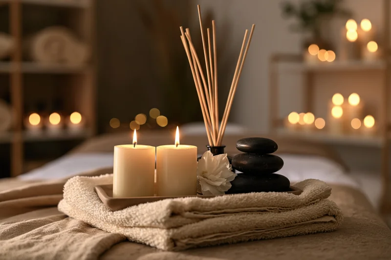 Lit candles and reed diffuser with stacked massage stones on a towel on a massage table in a dimly lit spa room