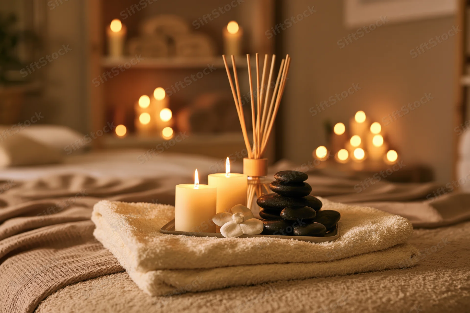 Lit candles, reed diffuser and stacked massage stones on folded towel on bed