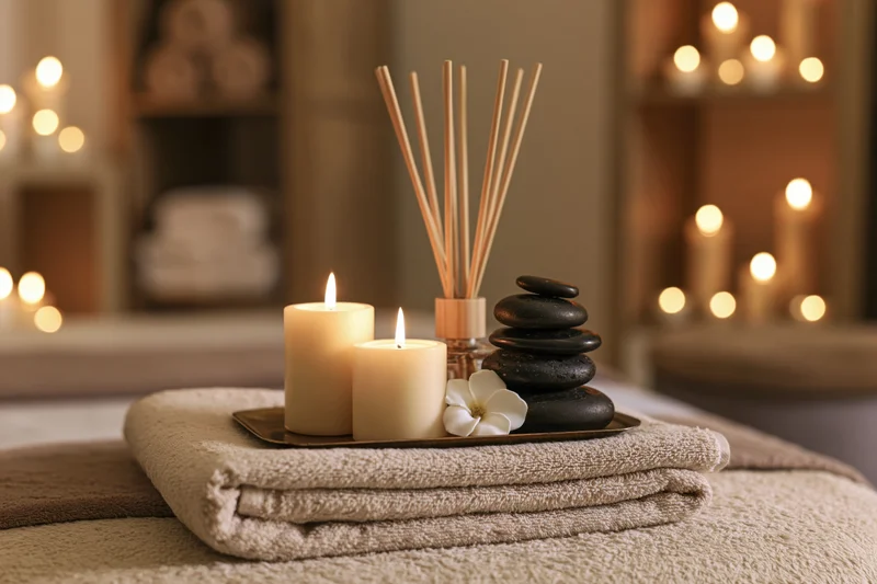 Lit candles, reed diffuser and stacked massage stones on folded towel in spa setting