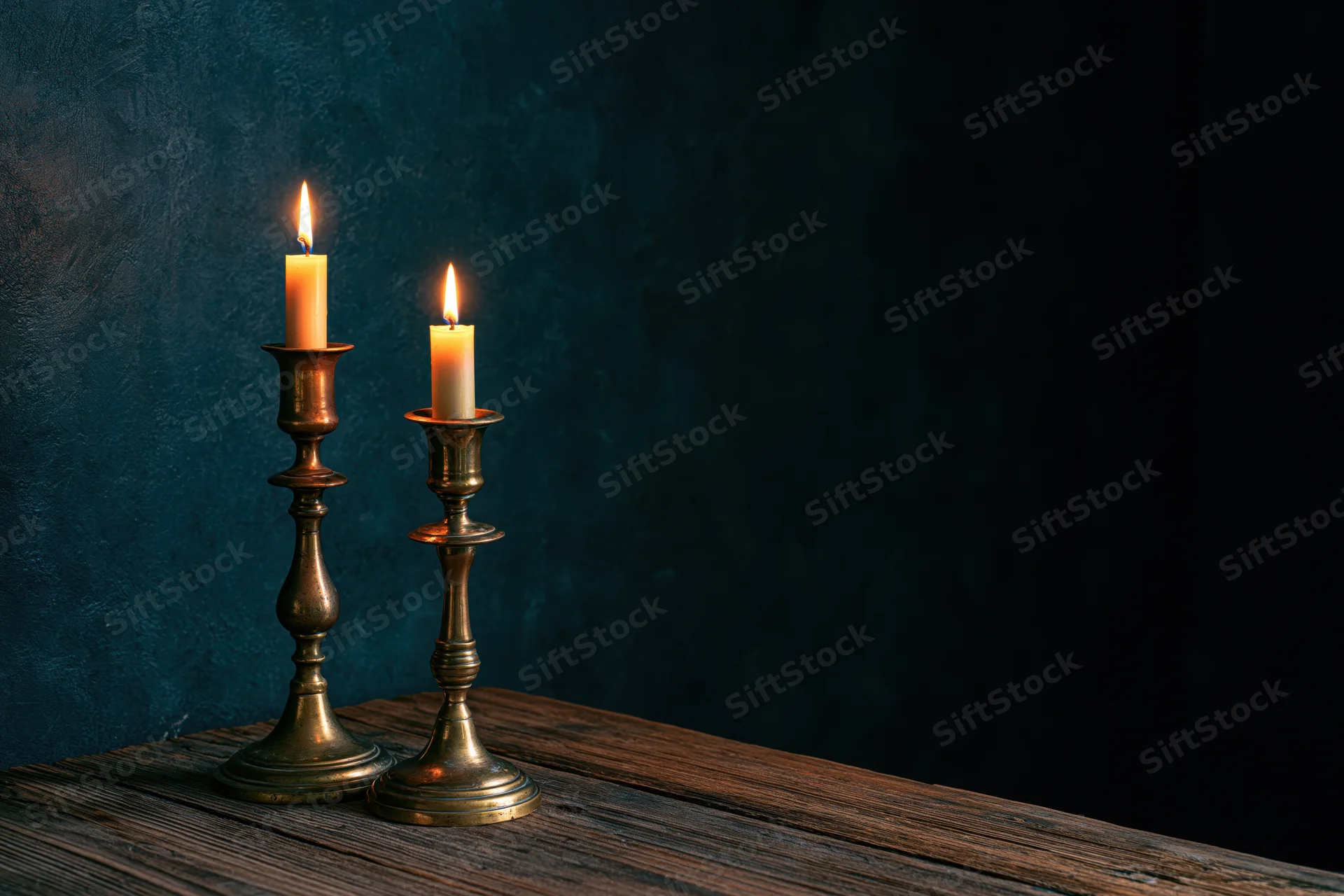 Two lit candles in mismatched antique brass candlesticks on a wooden table against a dark textured wall