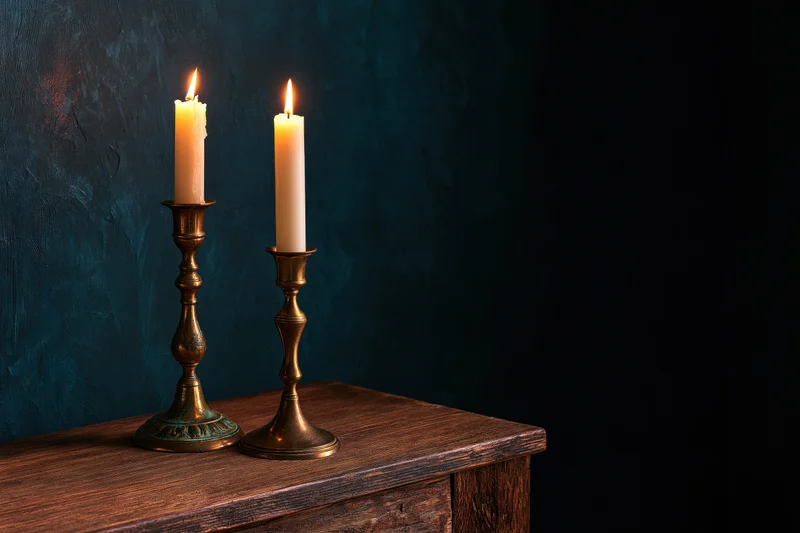 Two lit candles in antique brass candlesticks on a wooden table against a dark textured wall