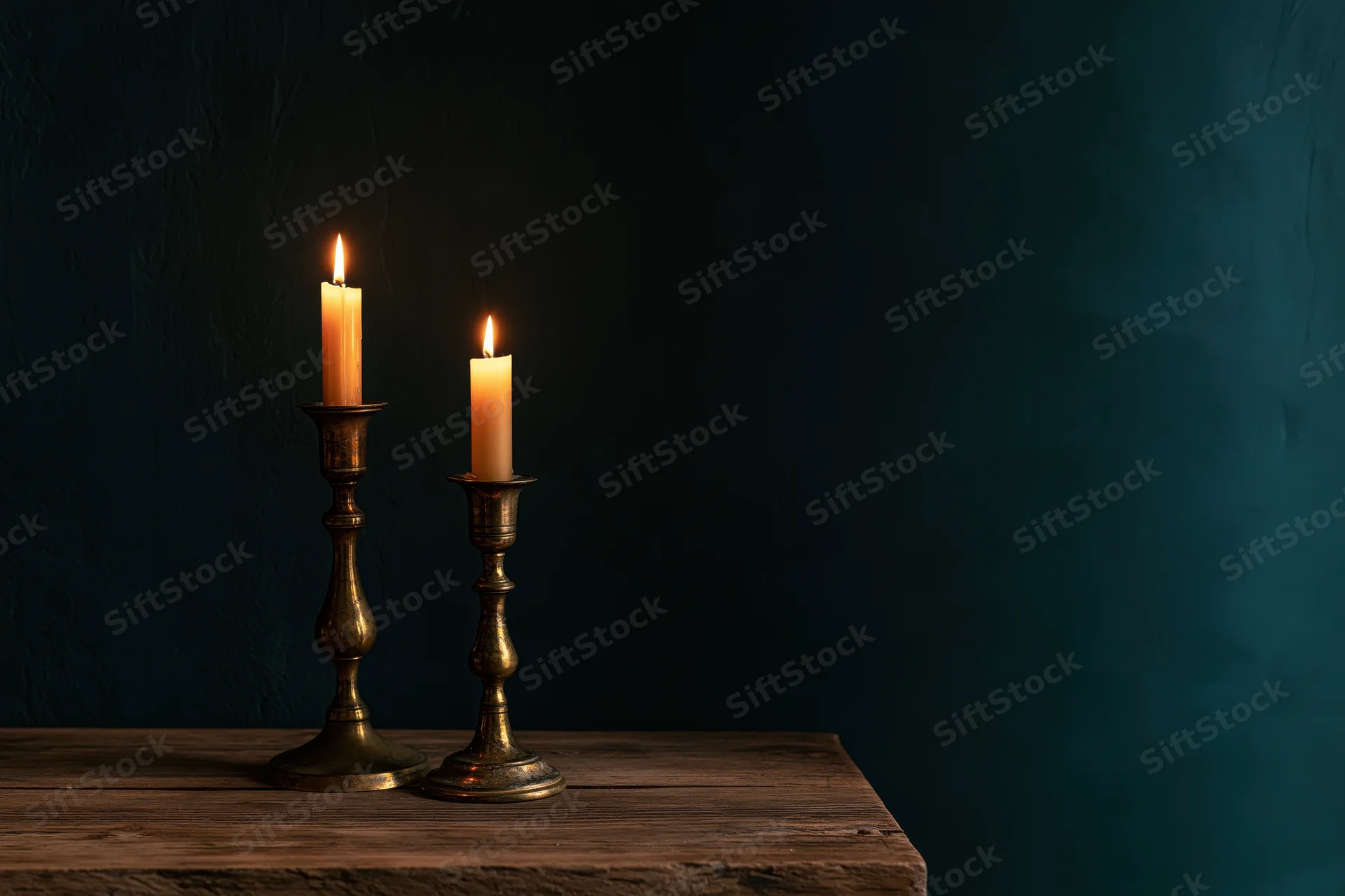 Two lit candles in antique brass candlesticks on a wooden table against a dark teal wall