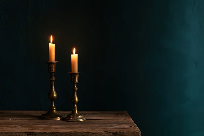 Two lit candles in antique brass candlesticks on a wooden table against a dark teal wall