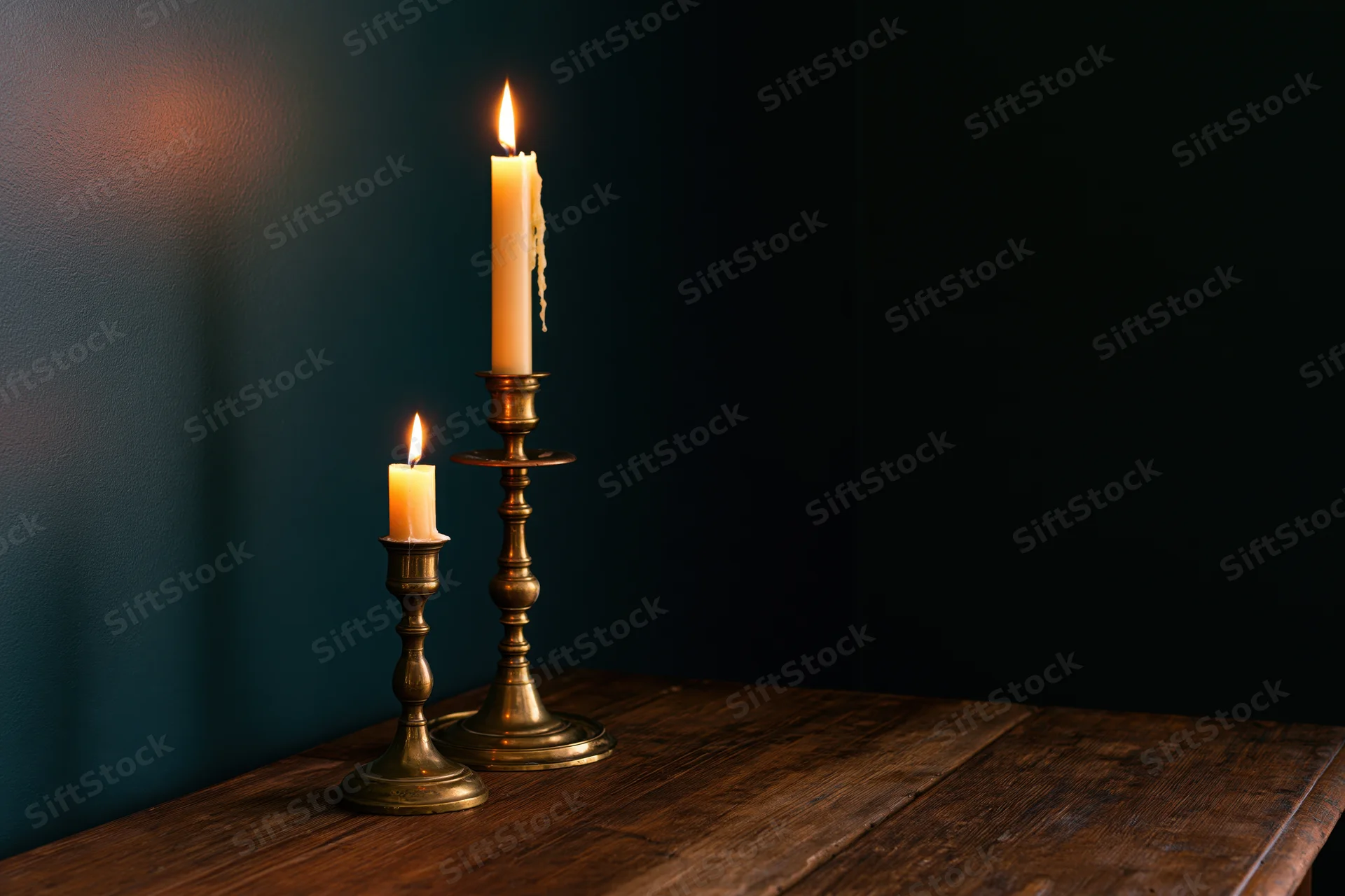 Two lit candles in brass candlesticks on a wooden table against a dark teal wall