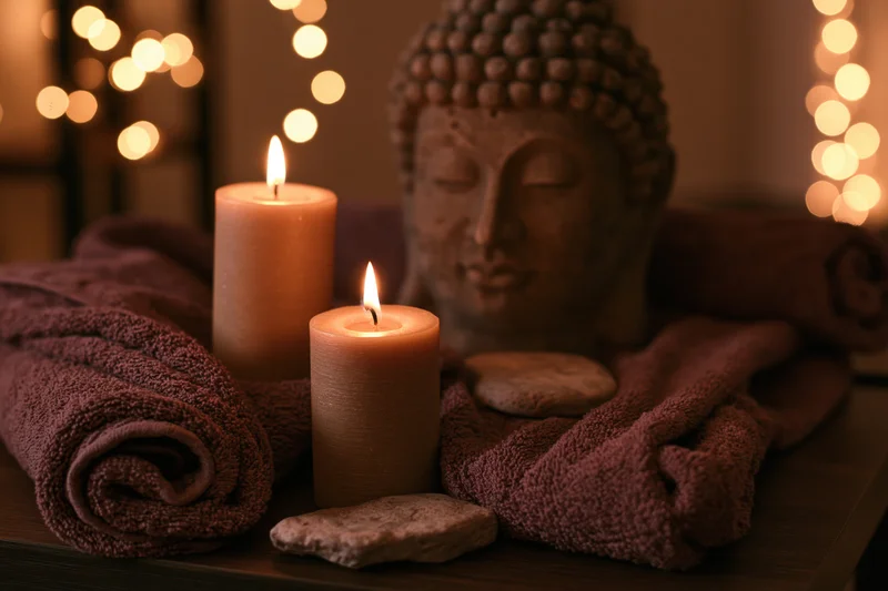 Two lit pillar candles with small flickering flames on a dark wooden surface surrounded by rolled towels, smooth stones, and a buddha head sculpture under warm ambient lighting with string lights in the background