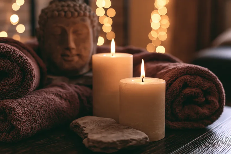 Two lit pillar candles with flickering flames on a dark wooden table surrounded by rolled towels and a buddha statue