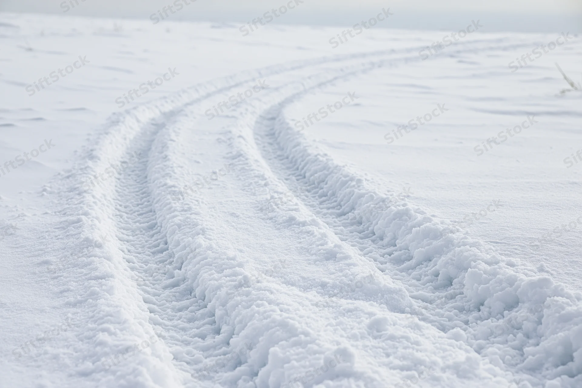 Parallel tire tracks curving through snow-covered field under overcast sky