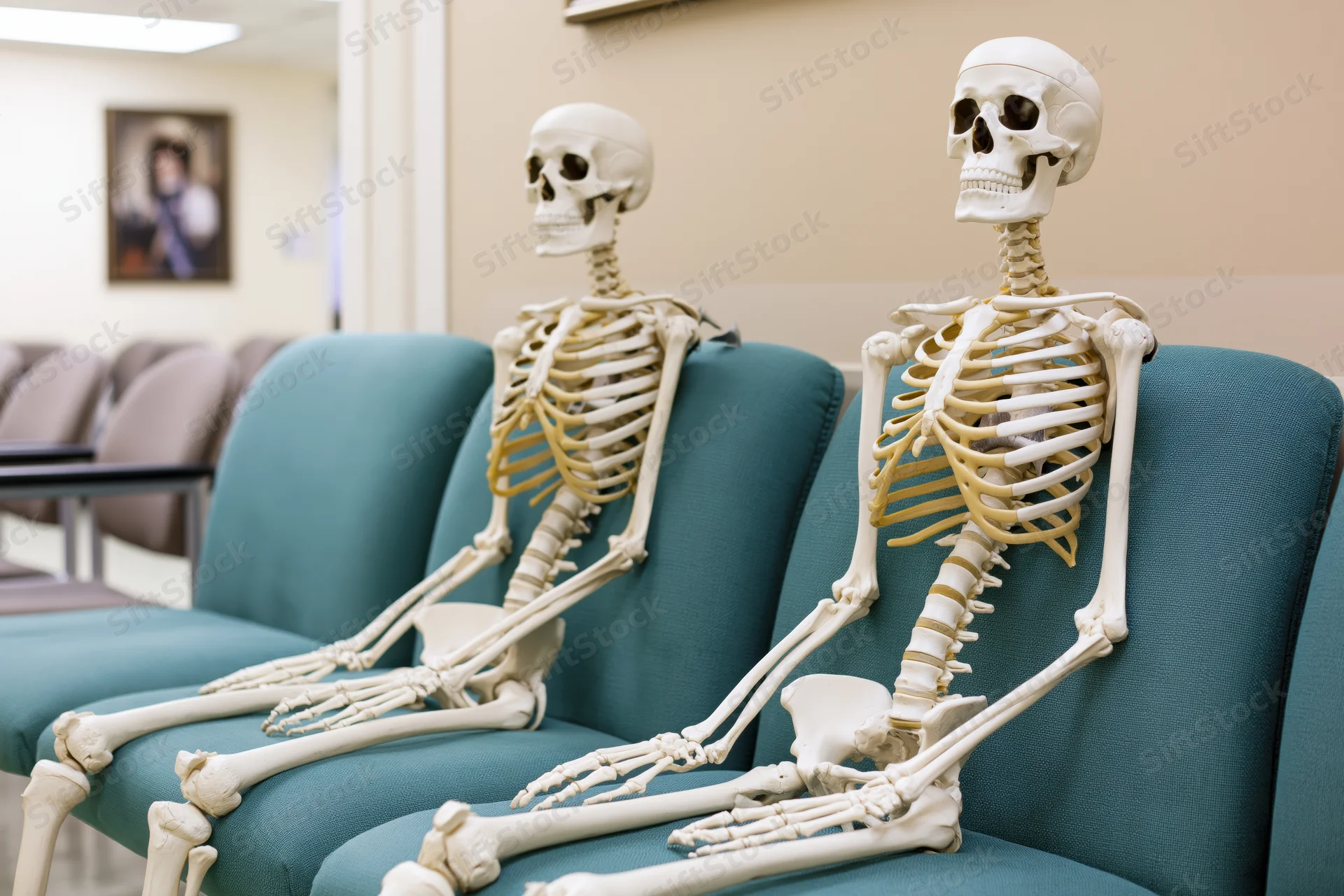 Two anatomical skeletons seated upright in a medical waiting area chair