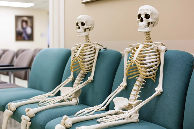 Two anatomical skeletons seated upright in a medical waiting area chair