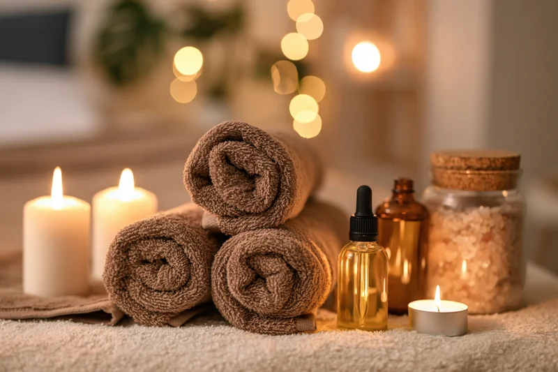Rolled brown terry towels and lit candles arranged on a massage table with essential oil bottles and a jar of bath salts, creating a warm spa ambiance