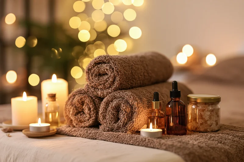 Rolled brown terry towels and lit candles on a massage table with warm bokeh lights in the background