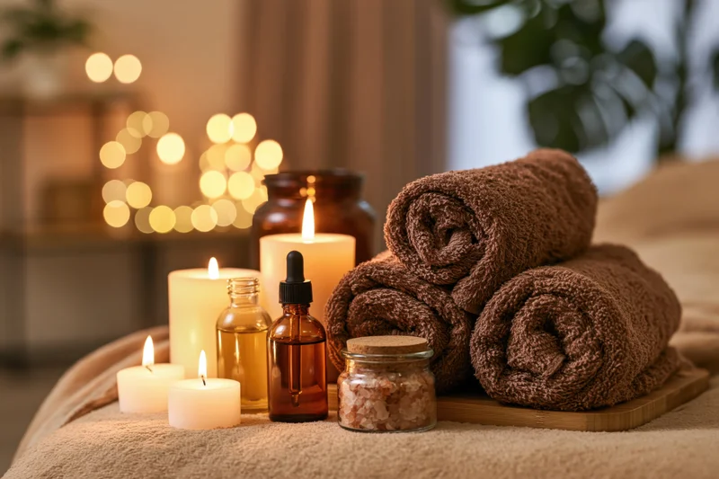 Rolled brown terry towels and lit candles on a massage table with essential oil bottles and salt crystals, surrounded by soft ambient lighting and greenery
