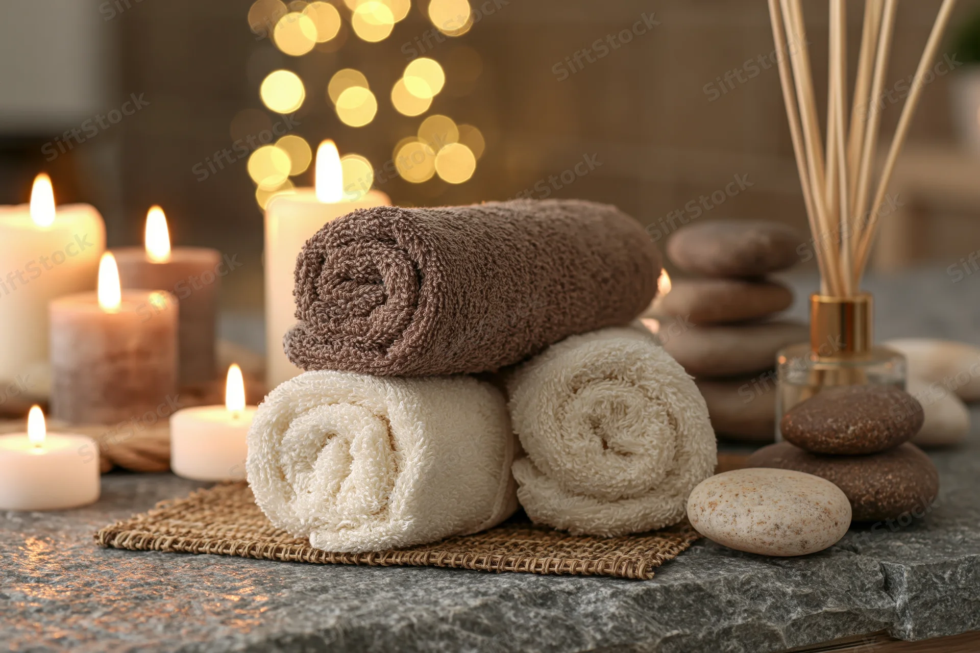 Rolled spa towels stacked on a woven mat with lit candles and smooth stones beside a reed diffuser on a stone countertop