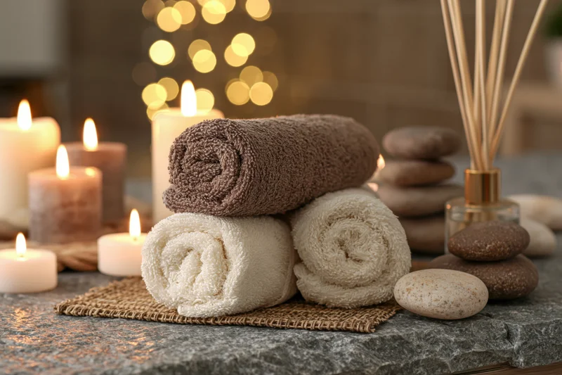 Rolled spa towels stacked on a woven mat with lit candles and smooth stones beside a reed diffuser on a stone countertop