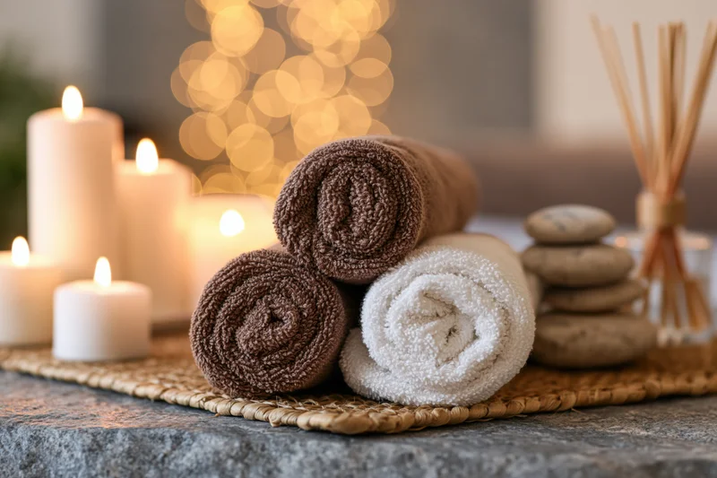 Rolled towels and candles on a woven mat with reed diffuser and stones for spa relaxation