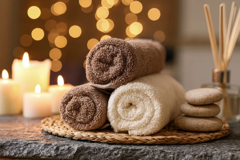 Rolled spa towels in brown and white stacked on a woven tray with candles and stones beside a reed diffuser on a stone surface