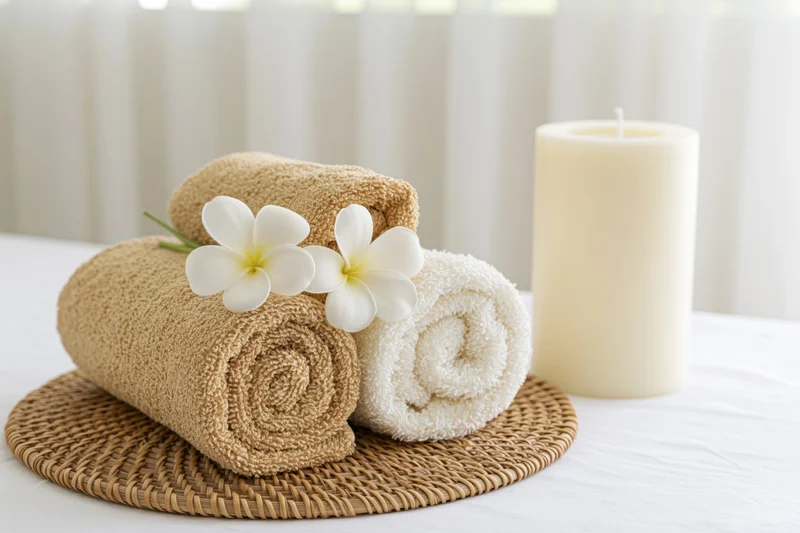 Rolled spa towels with frangipani flowers on a rattan trivet beside a candle on a white surface