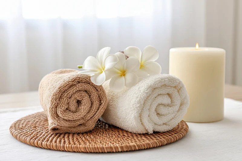 Rolled spa towels with white frangipani flowers and lit candle on woven trivet on table
