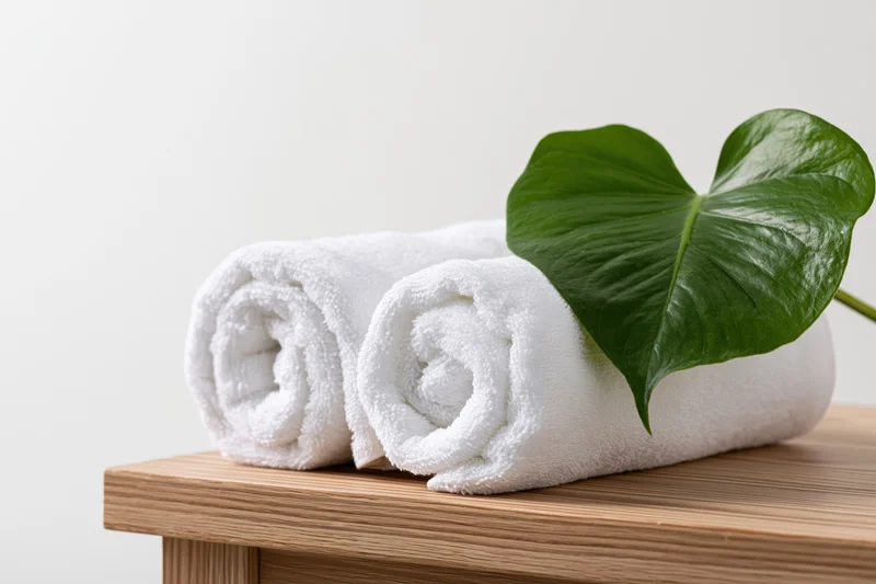 Two rolled white cotton towels on a wooden table with a green leaf