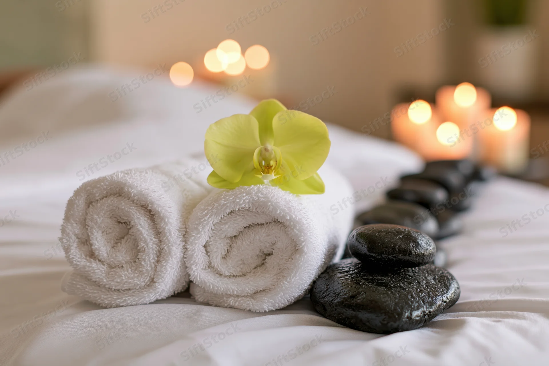 Rolled white towels with a green orchid and black stones on a bed, surrounded by lit candles