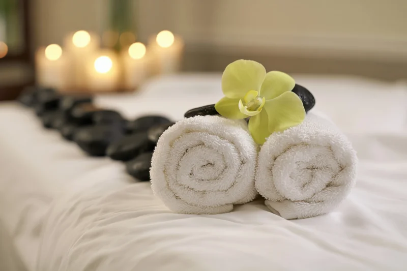 Two rolled white towels with a yellow-green orchid and black stones on a bed in a spa setting
