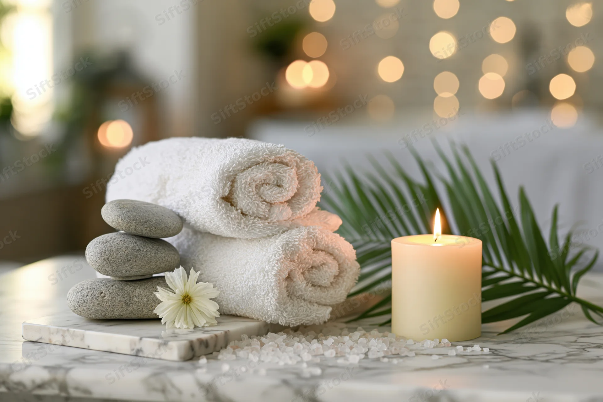 Rolled white spa towels beside a lit candle and smooth stones on a marble surface with palm leaf and bath salts