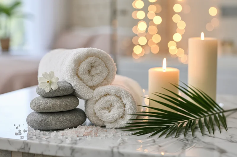 Rolled white spa towels on marble surface beside lit candles and stacked stones with palm leaf and salt crystals