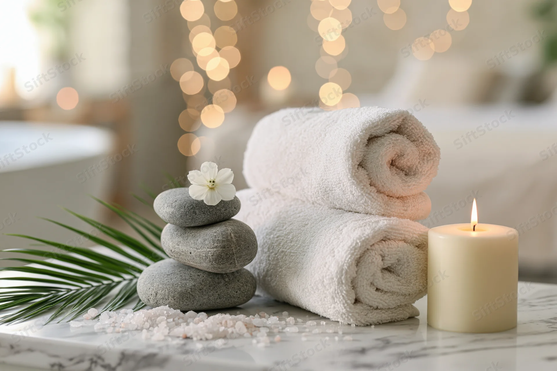 Rolled white spa towels on marble surface beside lit candle and stacked stones with flower and salt