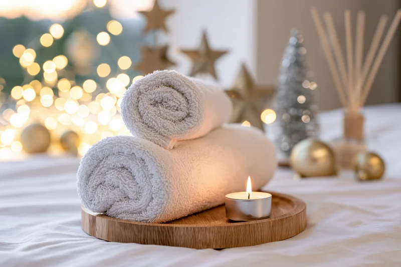 Two rolled white terry towels on a wooden tray with a lit candle on a bed, surrounded by christmas decorations and warm lights