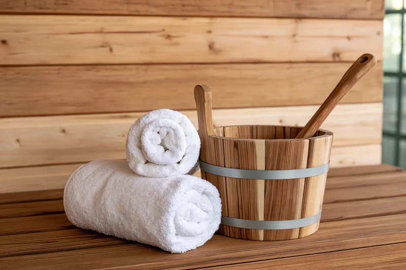 Rolled white towels and wooden sauna bucket with ladle on wooden bench