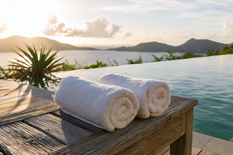 Two rolled white towels on a weathered teak bench beside an infinity pool overlooking ocean and mountains at sunset