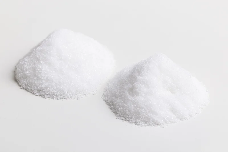 Two mounds of fine white crystalline powder on a plain white surface