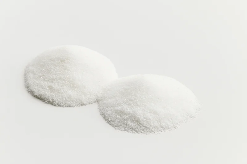 Two mounds of fine white crystalline powder on a plain white surface