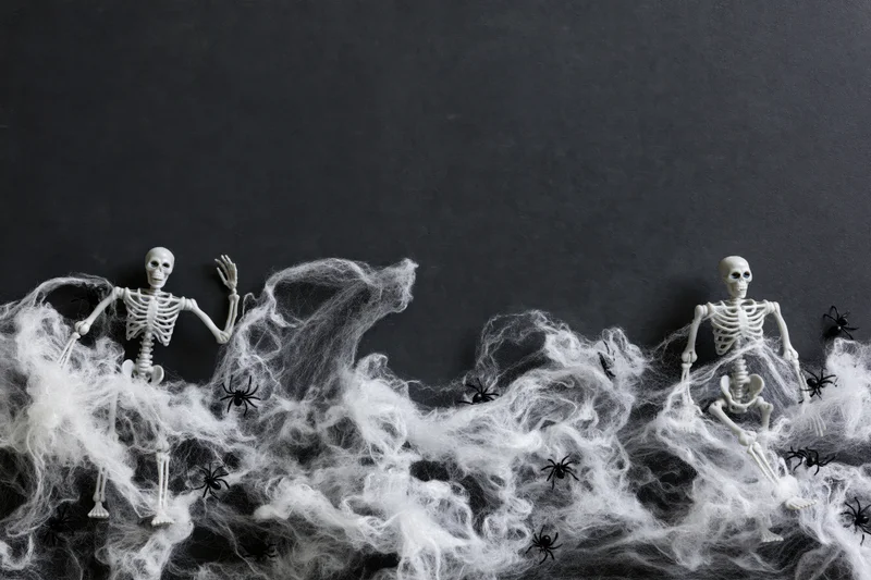 Two small plastic skeleton figurines tangled in white cobweb with black spiders on dark surface