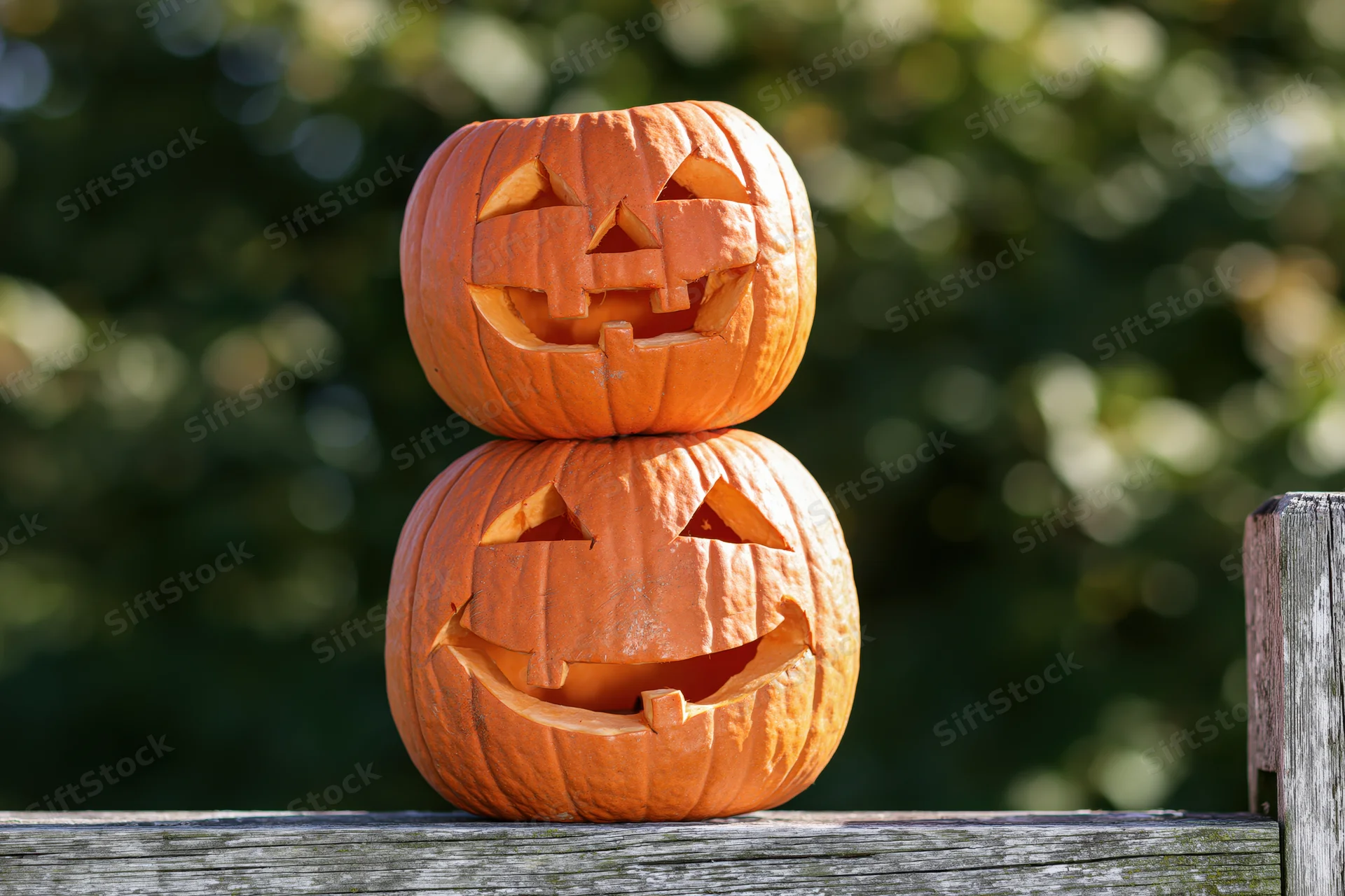 Two carved pumpkins stacked on a wooden fence outdoors