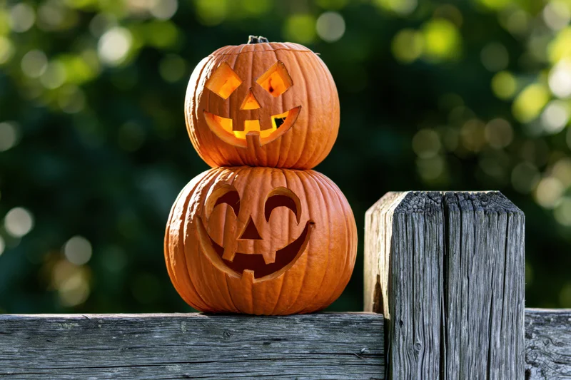 Two carved pumpkins stacked on a weathered wooden fence outdoors