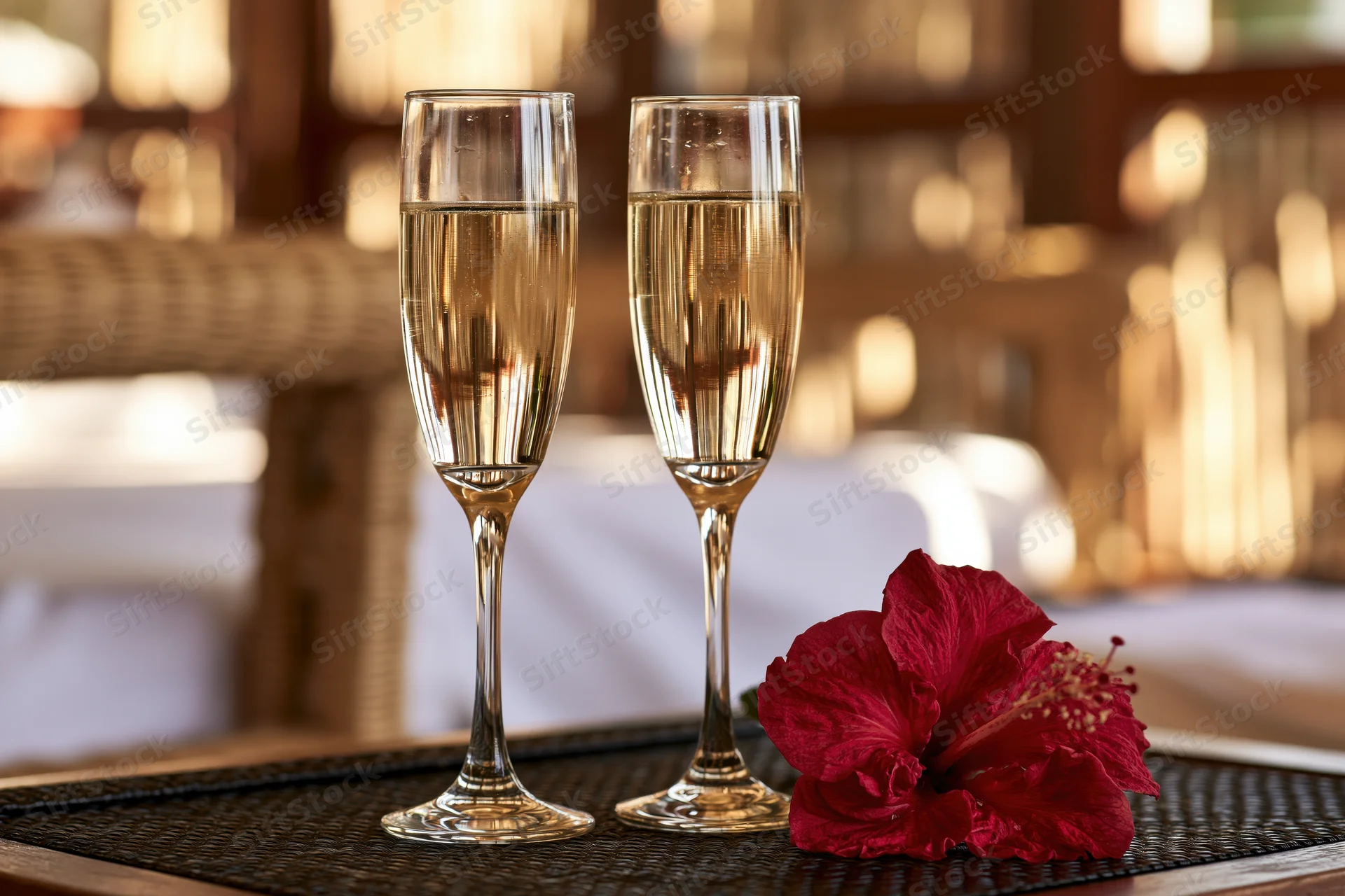 Two champagne flutes filled with sparkling wine on a table beside a red hibiscus flower in a restaurant setting