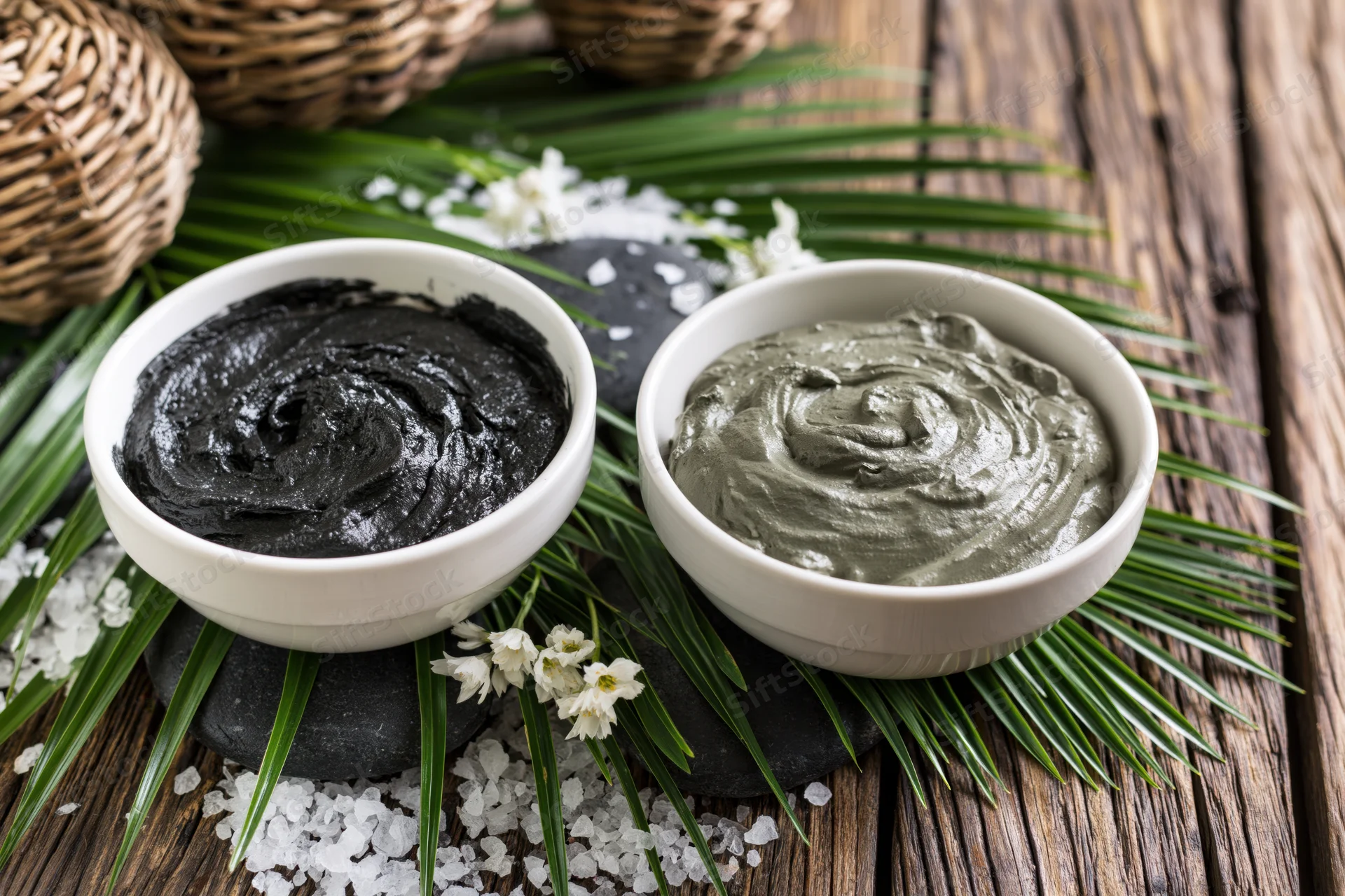 Two white ceramic bowls filled with black and grey facial masks on a wooden surface with green leaves, white flowers, and salt crystals