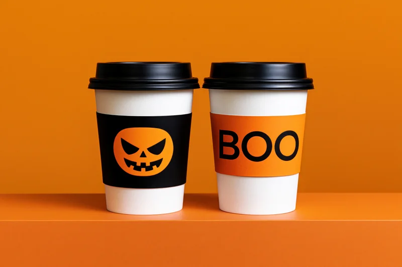 Two white takeaway coffee cups with halloween designs on an orange surface