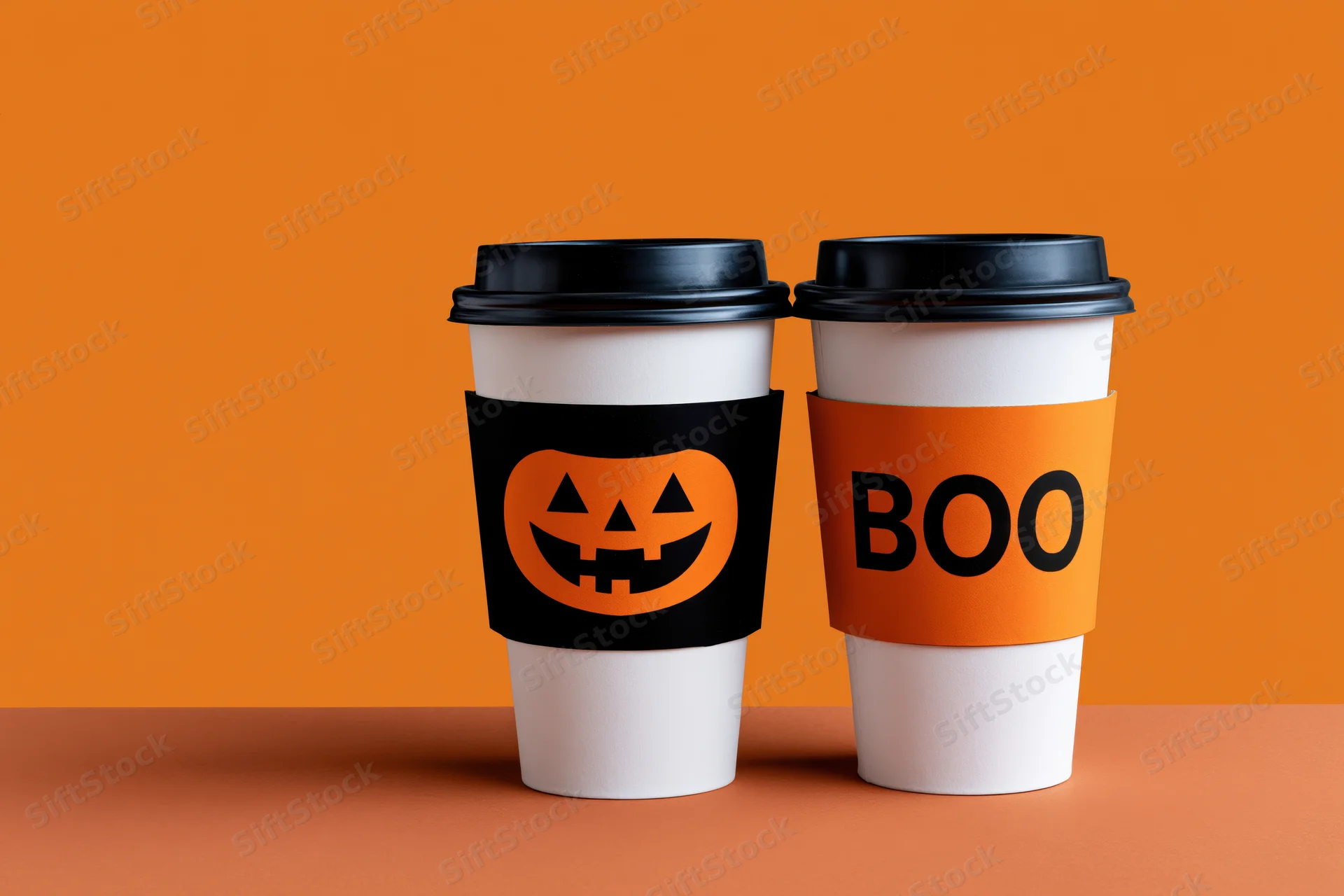 Two white takeaway coffee cups with halloween-themed sleeves on an orange surface