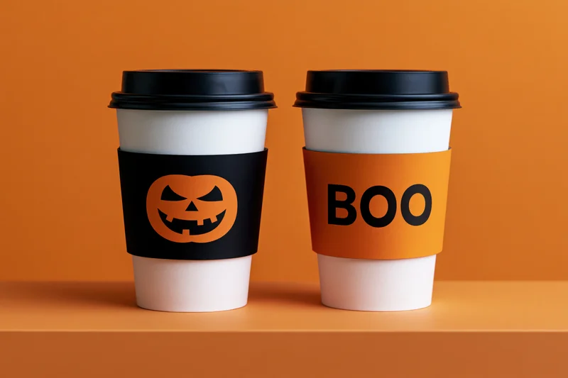 Two white takeaway coffee cups with halloween-themed sleeves on an orange surface