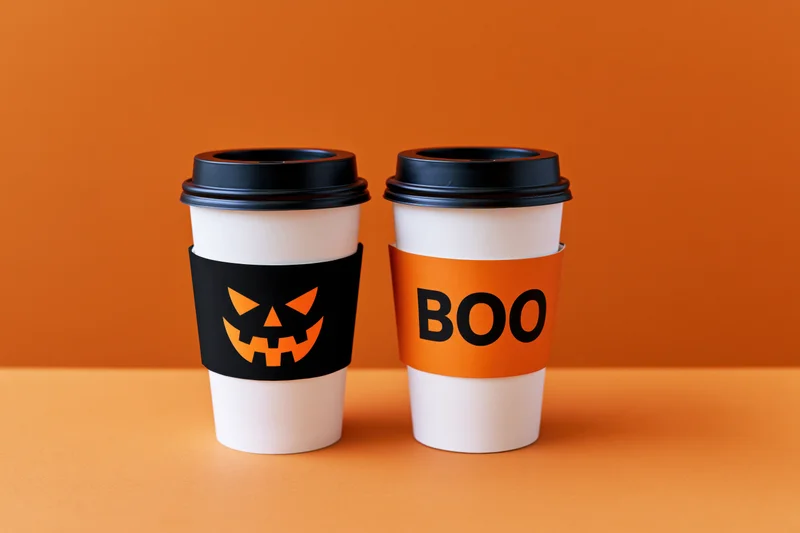 Two white takeaway coffee cups with halloween-themed sleeves on an orange surface