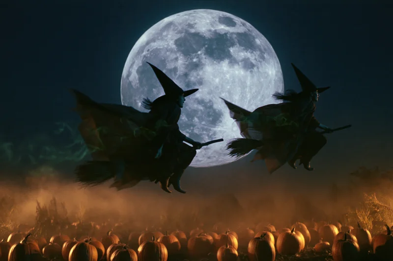 Two witches flying on broomsticks low over a pumpkin field at night under a full moon