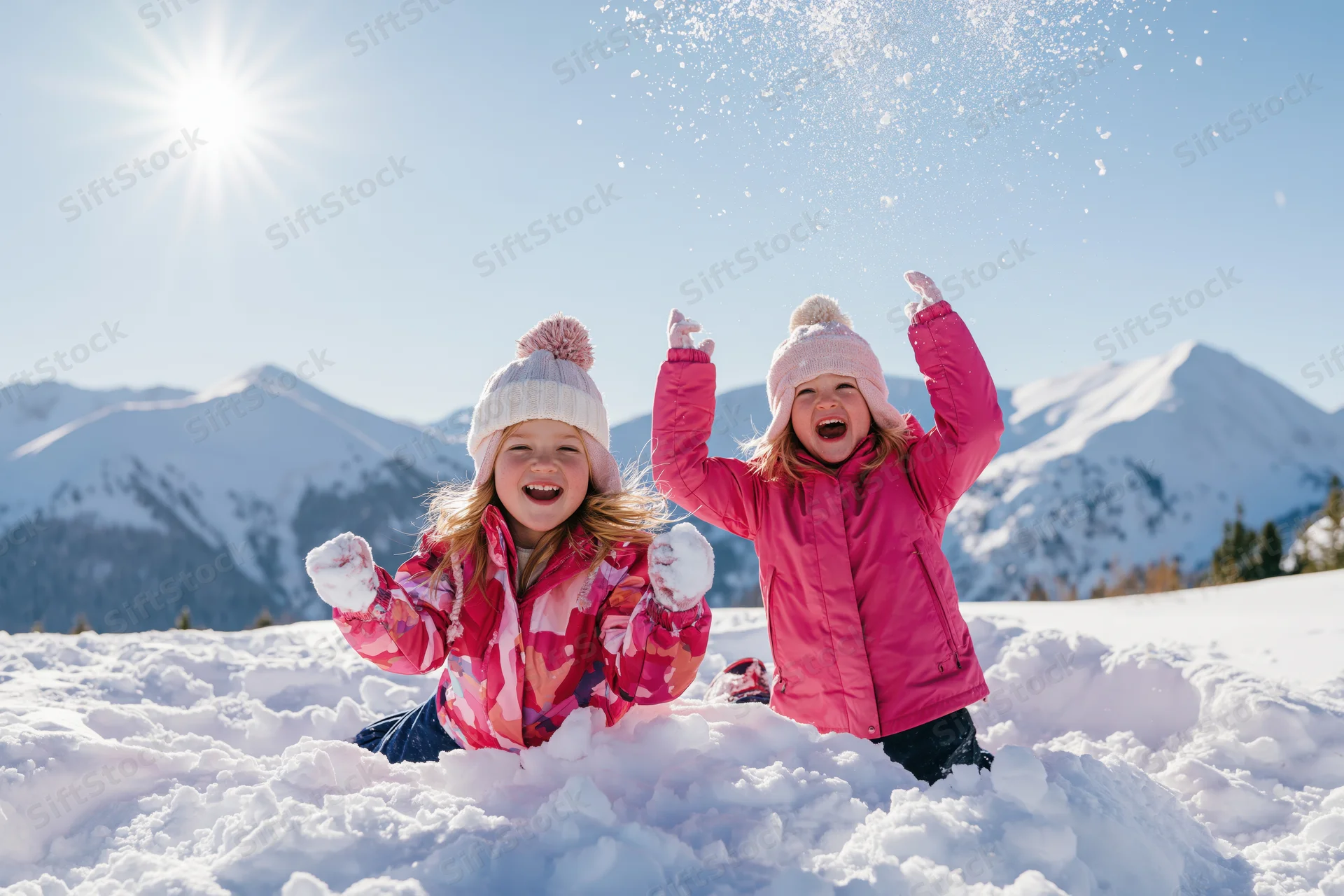 Two young girls kneeling in deep snow tossing handfuls of snow in a mountain landscape