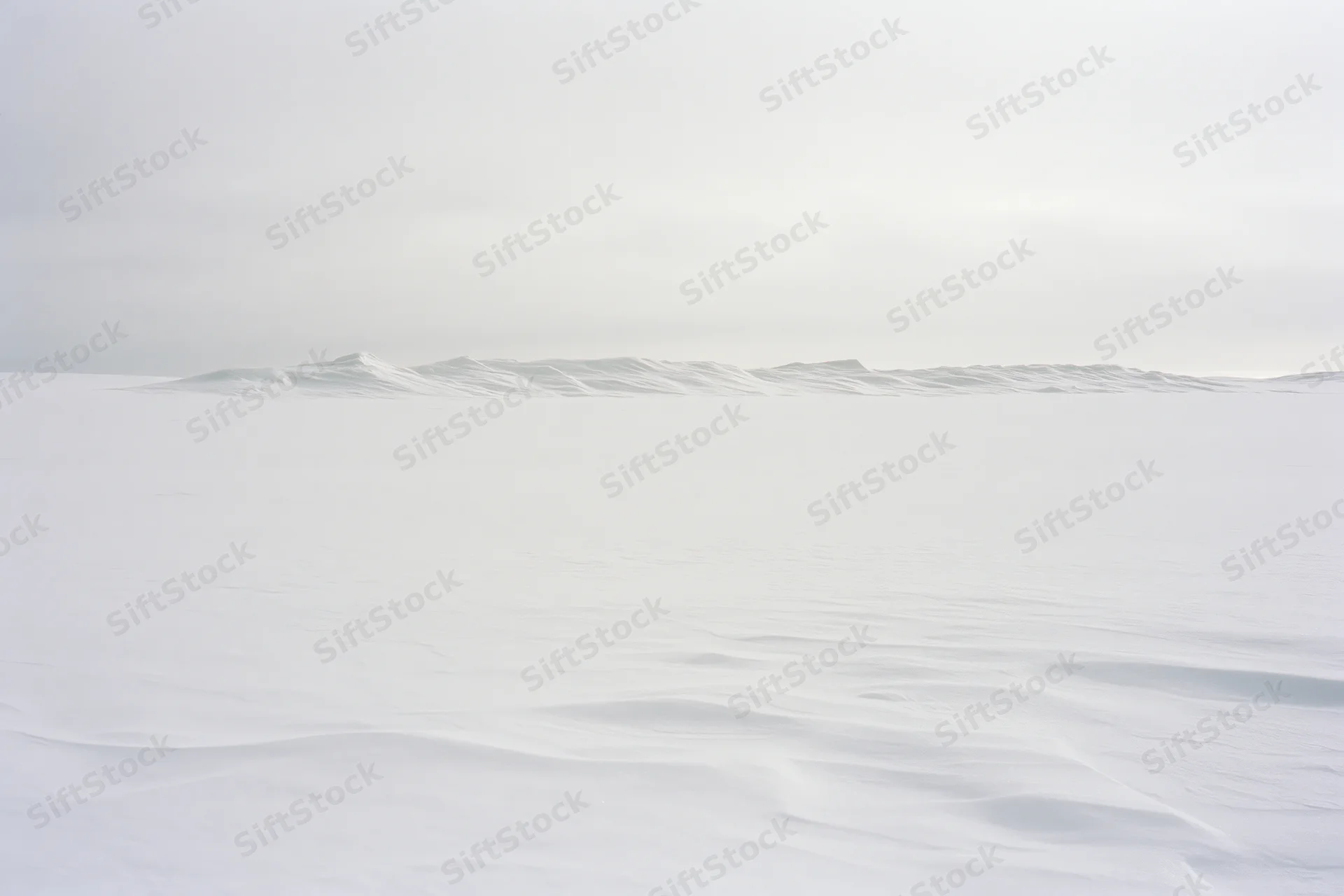 Vast arctic snowfield stretching toward wind-carved ridges under overcast sky