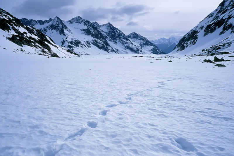 Snow-covered alpine valley floor with footprints leading toward jagged peaks under overcast sky