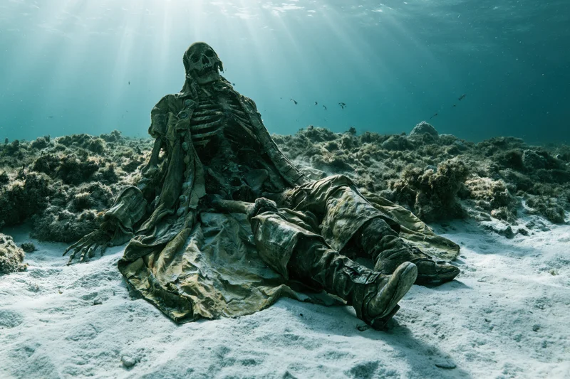 Weathered pirate skeleton statue resting on ocean floor with tattered clothing and boots, surrounded by coral and sunbeams piercing the water