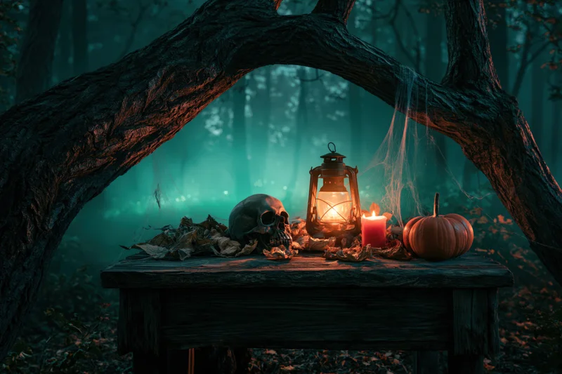Wooden table with skull, lantern, candle and pumpkin under tree branches in dark enchanted forest at night