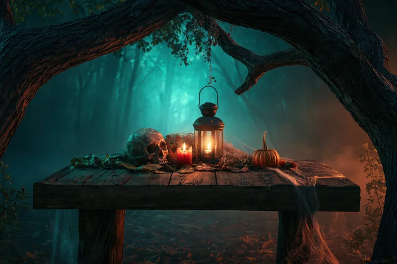 Weathered wooden table with skull, lantern, candle and pumpkin under tree arch in dark enchanted forest at night